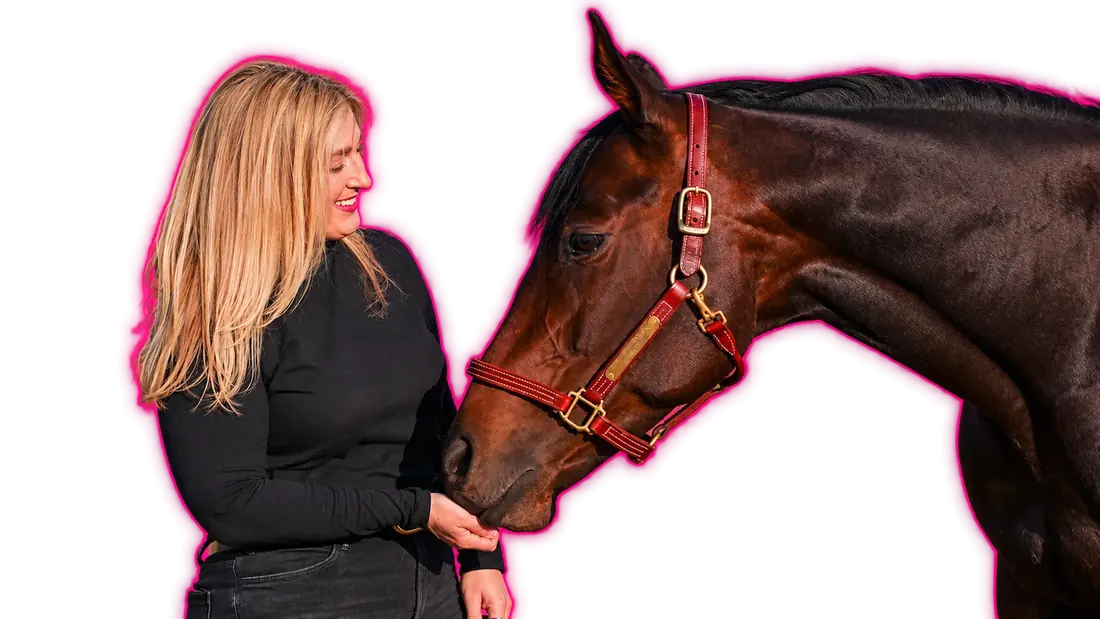 Cat Allen smiling as her mare Unbridled Dixie rests her muzzle in her hand.