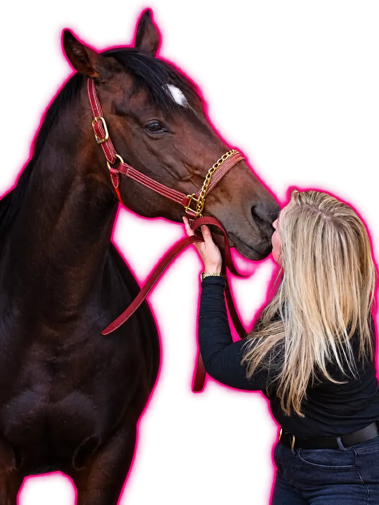 Cat Allen kissing the nose of her Thoroughbred mare Unbridled Dixie.