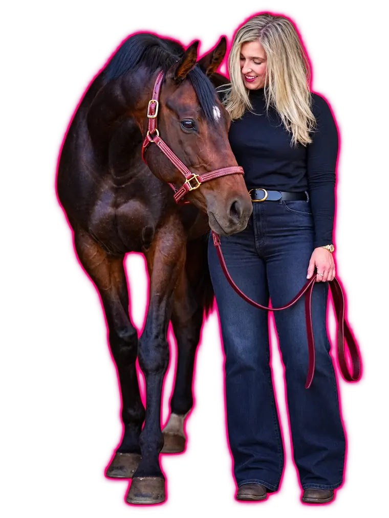 Cat Allen walking with Unbridled Dixie on a lead, both looking ahead.